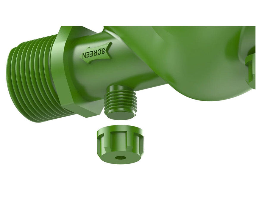 FloraFlex Disc Filter bottom outlet close-up showing labeled screen drain cap detail.