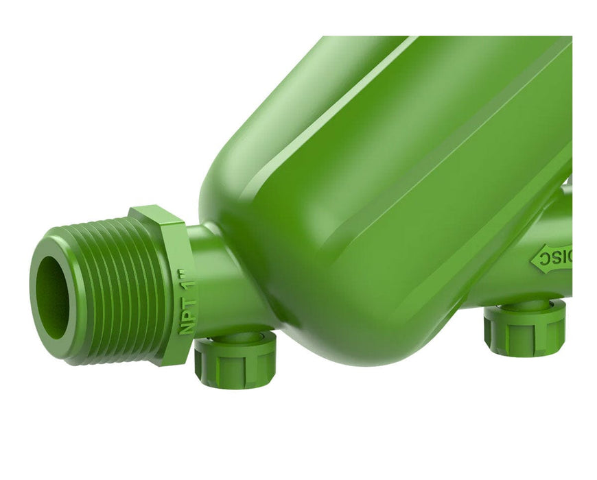 FloraFlex Disc Filter close-up of 1-inch NPT threaded male connector showing durable green housing.