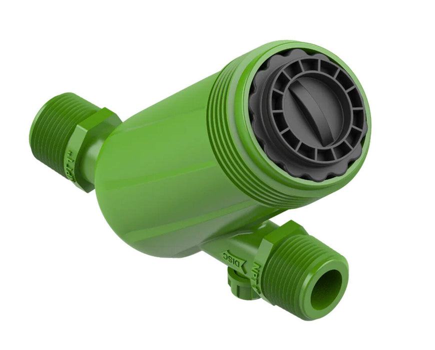 FloraFlex Disc Filter angled front view showing black threaded cap and smooth filter housing design.