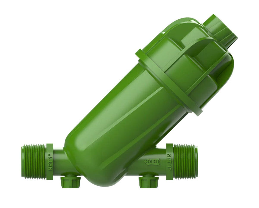 FloraFlex Disc Filter full side view showing NPT 1-inch connectors and reinforced green plastic body.