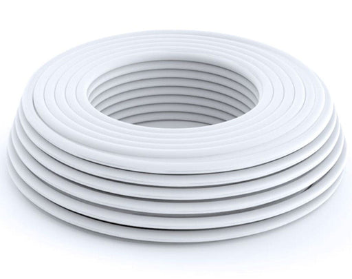 Coiled FloraFlex 16-17mm double layer tubing with white exterior and opaque inner layer for light blockage.