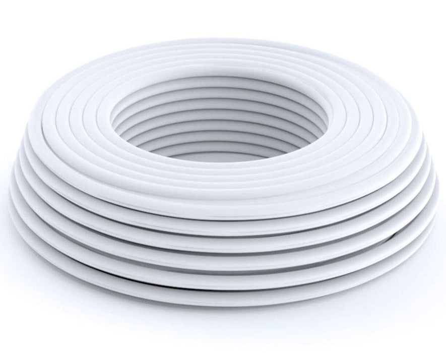 Coiled FloraFlex 16-17mm double layer tubing with white exterior and opaque inner layer for light blockage.