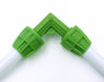 FloraFlex elbow fitting connecting two sections of 16-17mm double-layer tubing with green threaded connectors.