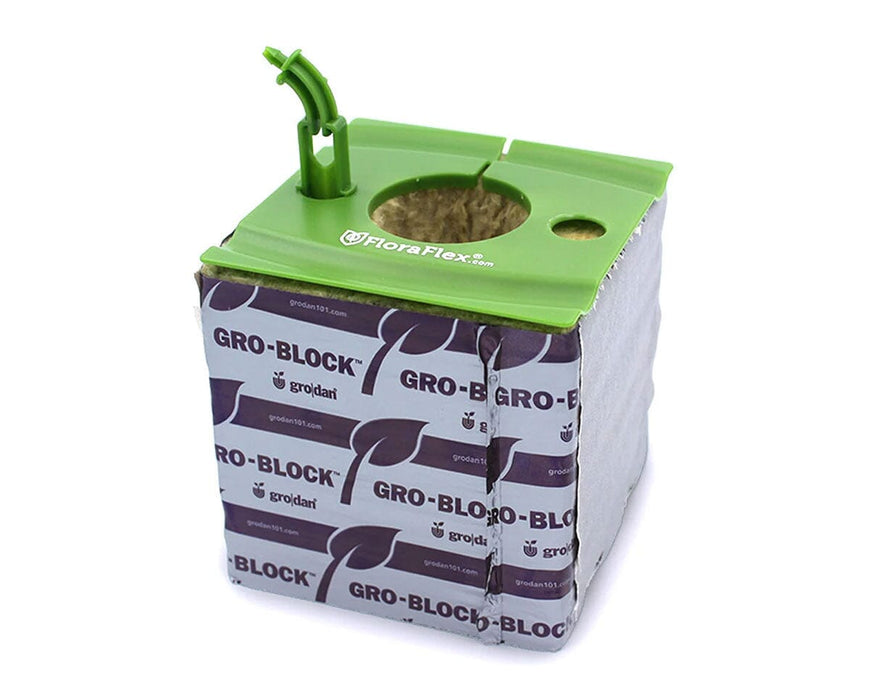 FloraFlex Drip Shield 2.0 installed on Grodan block for controlled drip irrigation and root zone coverage.