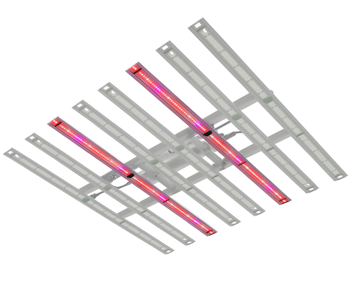 Two FloraFlex retrofit bars installed alongside standard bars in a grow light fixture grid.