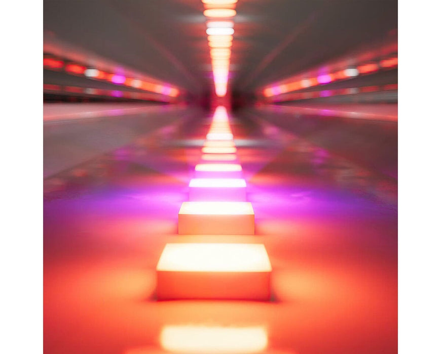 Extreme close-up of FloraFlex retrofit LED diode line glowing in intense pink, red, and orange tones.