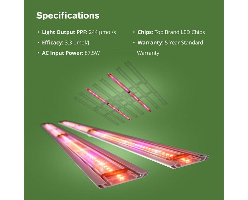 FloraFlex 87.5W LED bars with PPF, PPE, wattage, and chip data shown alongside bar installation image.