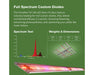 Spectrum test and size chart for FloraFlex 87.5W retrofit bars with red peak and product dimensions.
