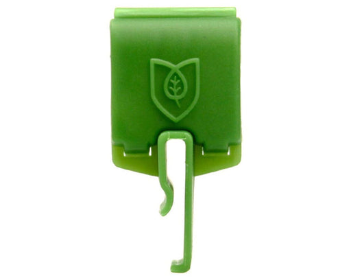 Front view of the FloraClip 2.0 showing the secure clip design and FloraFlex logo, compatible with 1/4" OD tubing.