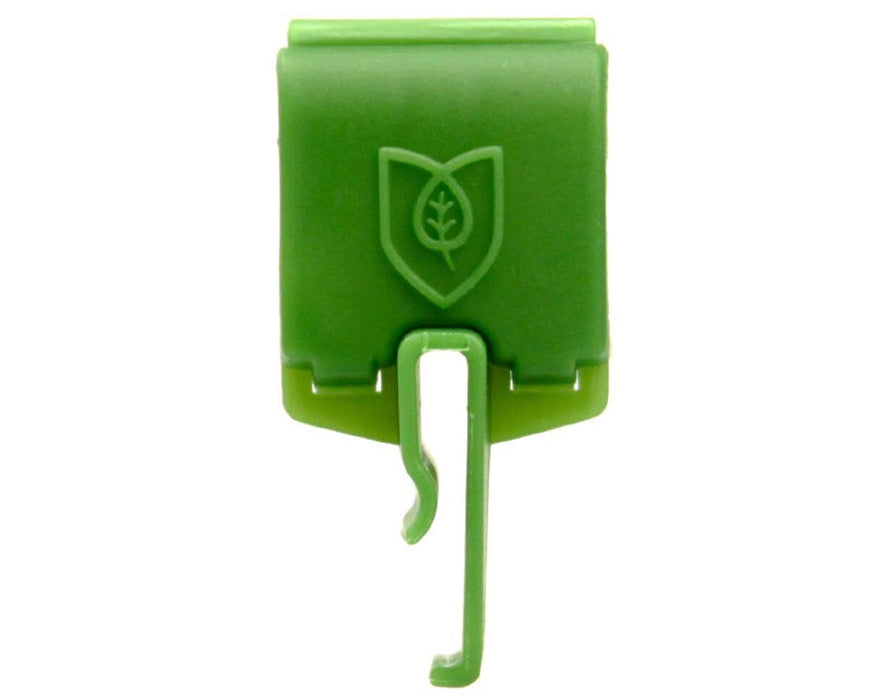 Front view of the FloraClip 2.0 showing the secure clip design and FloraFlex logo, compatible with 1/4" OD tubing.