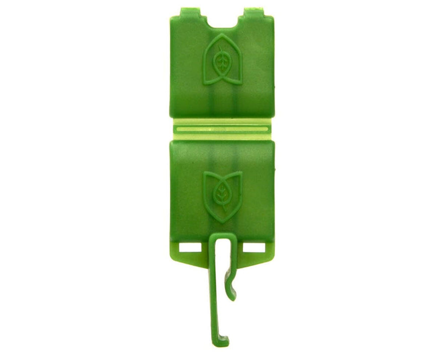 Open and closed view of the FloraFlex FloraClip 2.0 highlighting its hinged, reusable construction made from BPA-free plastic.