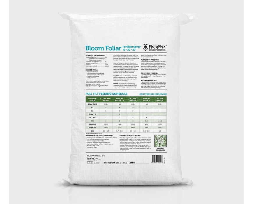 FloraFlex Bloom Foliar Nutrients back label with guaranteed analysis and feeding schedule.