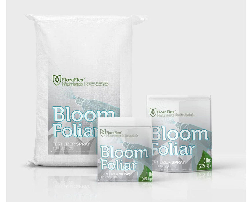 FloraFlex Bloom Foliar Nutrients full product line showing 25 lbs, 5 lbs, and 1 lb packaging.