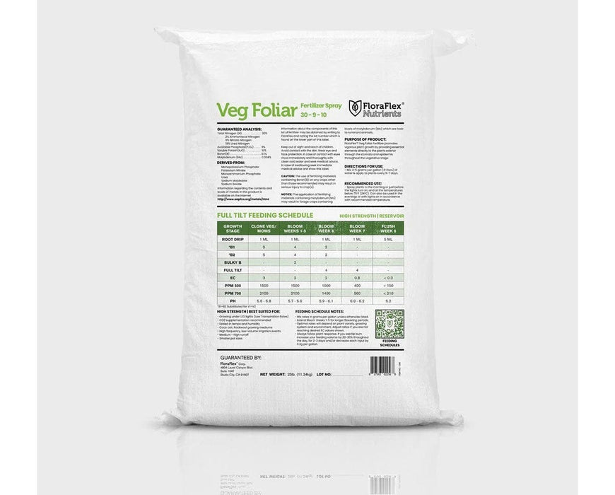 FloraFlex Veg Foliar Nutrients 25 lbs bag back view with guaranteed analysis and feeding schedule.
