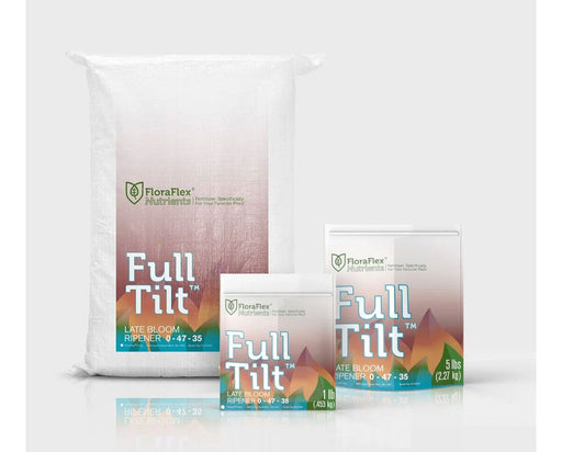 FloraFlex Full Tilt Nutrients packaging set with 25lb bag, 5lb pouch, and 1lb pouch.
