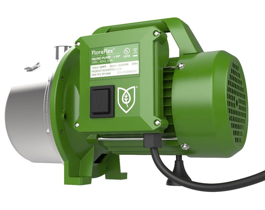 Side view of FloraFlex Inline Pump 1 HP showing green motor housing with switch and logo, rated for 115V and 1215 GPH flow.