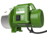 Side view of FloraFlex Inline Pump 1 HP showing green motor housing with switch and logo, rated for 115V and 1215 GPH flow.