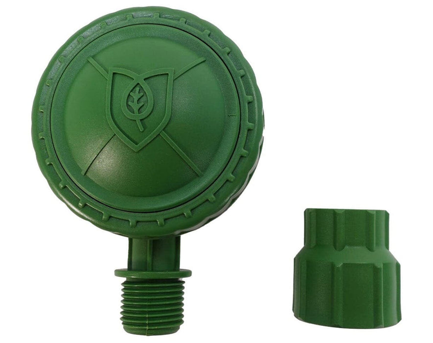 Top view of FloraFlex flush valve with separate threaded cap shown alongside main body.