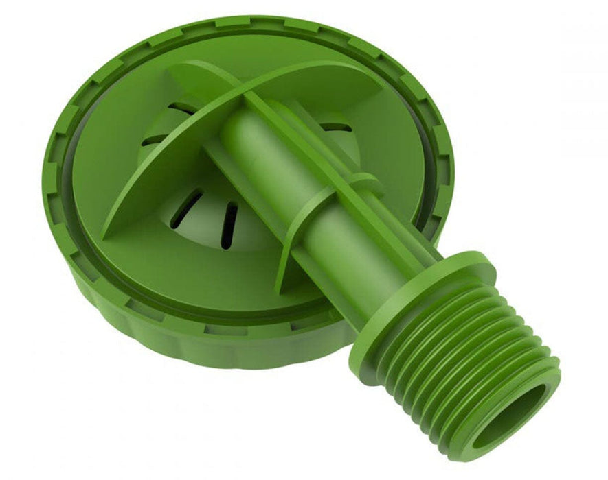 Bottom view of FloraFlex 1/2" flush valve revealing internal water flow channels and outlet design.