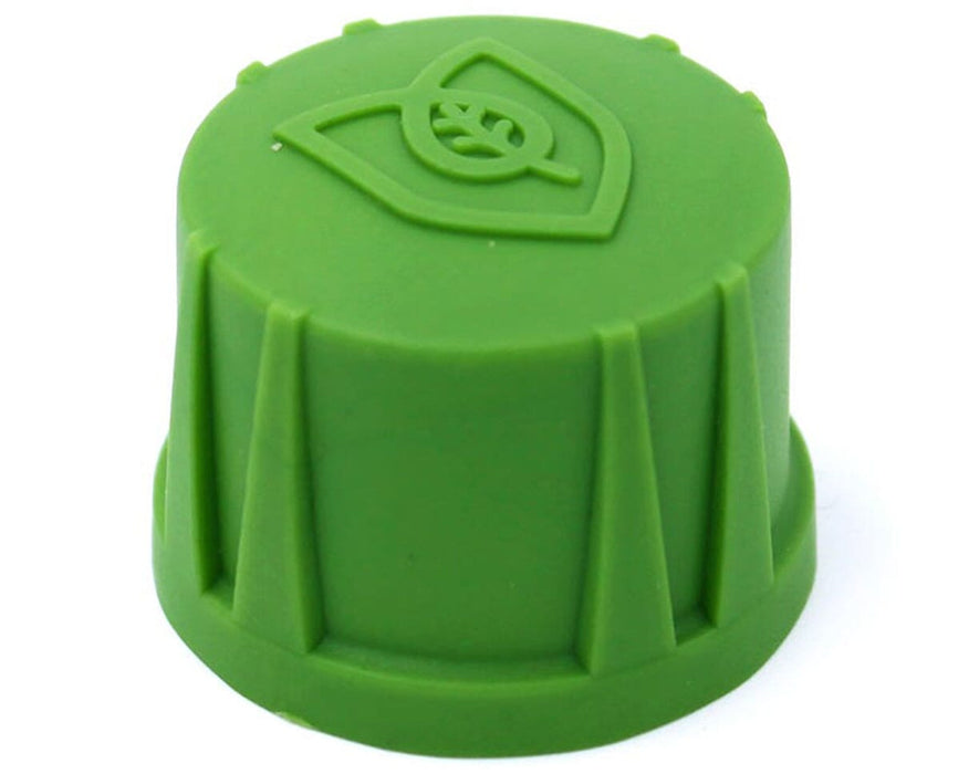 Close-up of green FloraFlex 3/4" male adapter cap designed to seal irrigation tubing ends.