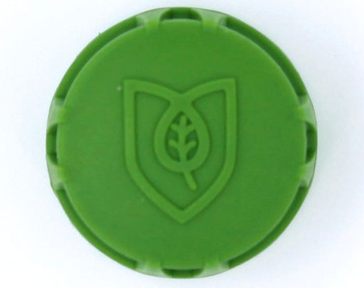 Top-down view of FloraFlex 3/4" cap fitting showing embossed leaf logo and ribbed edges for grip.