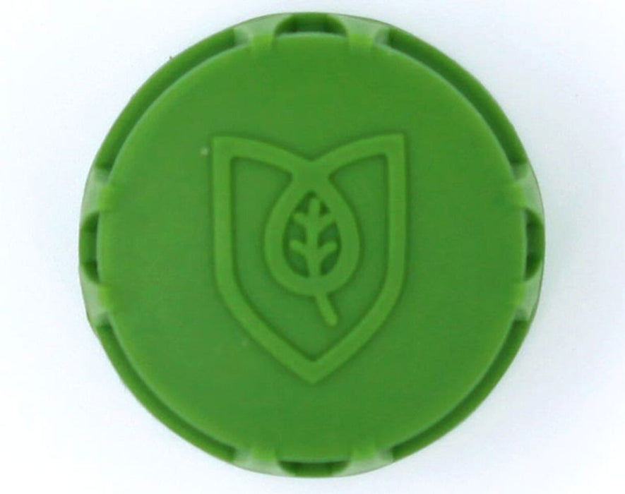 Top-down view of FloraFlex 3/4" cap fitting showing embossed leaf logo and ribbed edges for grip.