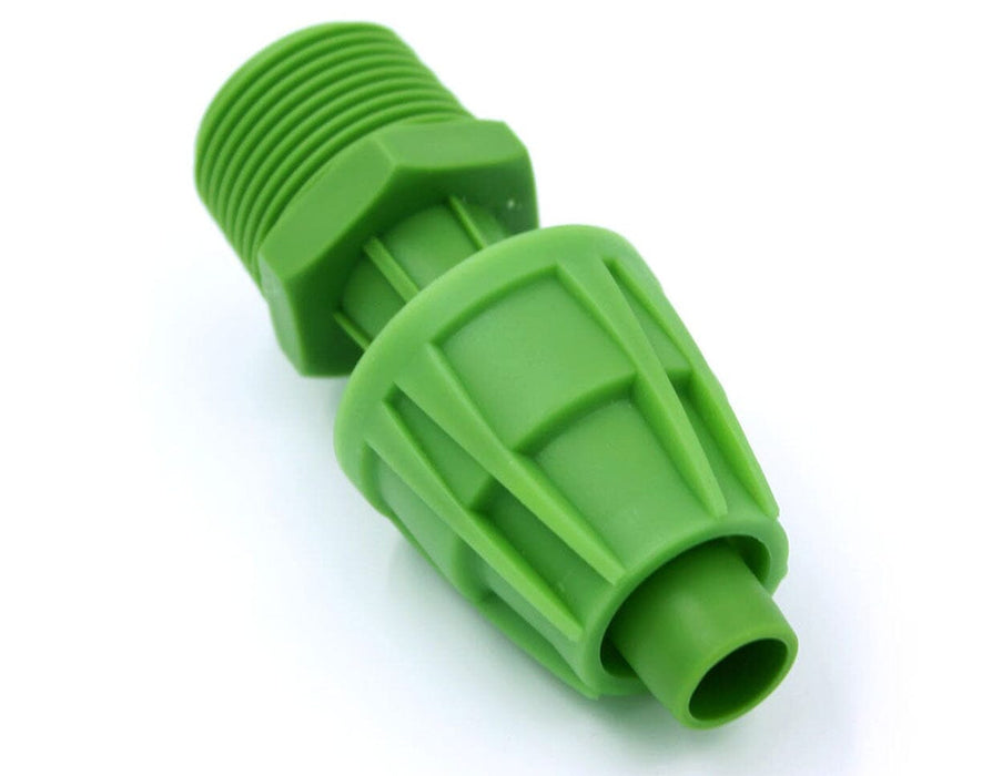 Close-up of FloraFlex 16/17mm x 3/4" male adaptor for micro drip irrigation systems.