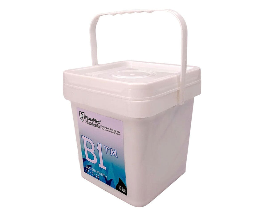 White bucket of FloraFlex B1 Bloom Part 1 nutrients, 10 lbs fertilizer.