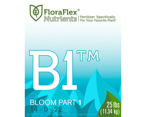 Front label design of FloraFlex B1 Bloom Part 1 nutrients, 25 lbs.