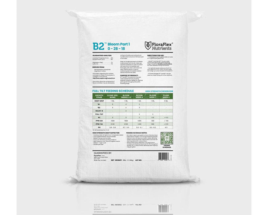 FloraFlex B2 Bloom Part 2 nutrients 25 lb bag with guaranteed analysis and feeding schedule.