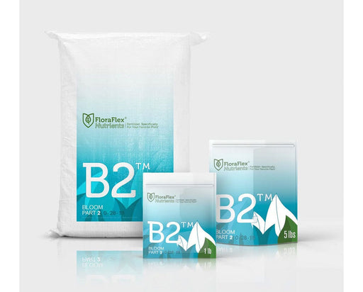 FloraFlex B2 Bloom Part 2 complete nutrient lineup in 1 lb, 5 lb, and 25 lb packaging.