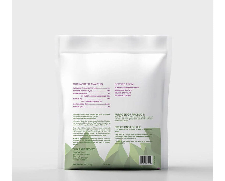 Back view of FloraFlex Bulky B 5 lb bag with guaranteed analysis and directions.