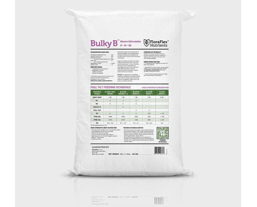 Back label of FloraFlex Bulky B 25 lb nutrient bag with feeding schedule.