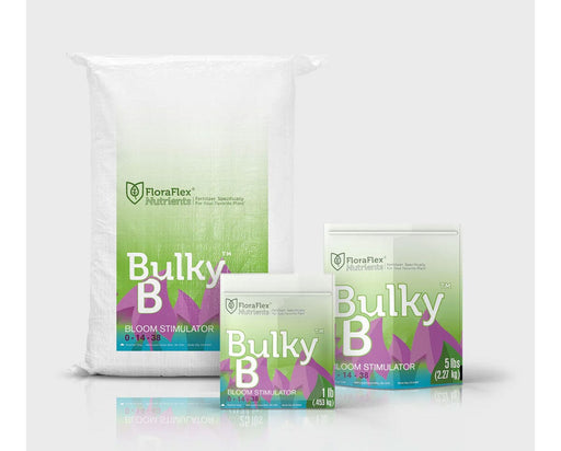 FloraFlex Bulky B bloom stimulator packaging lineup 1 lb, 5 lb, and 25 lb bags.