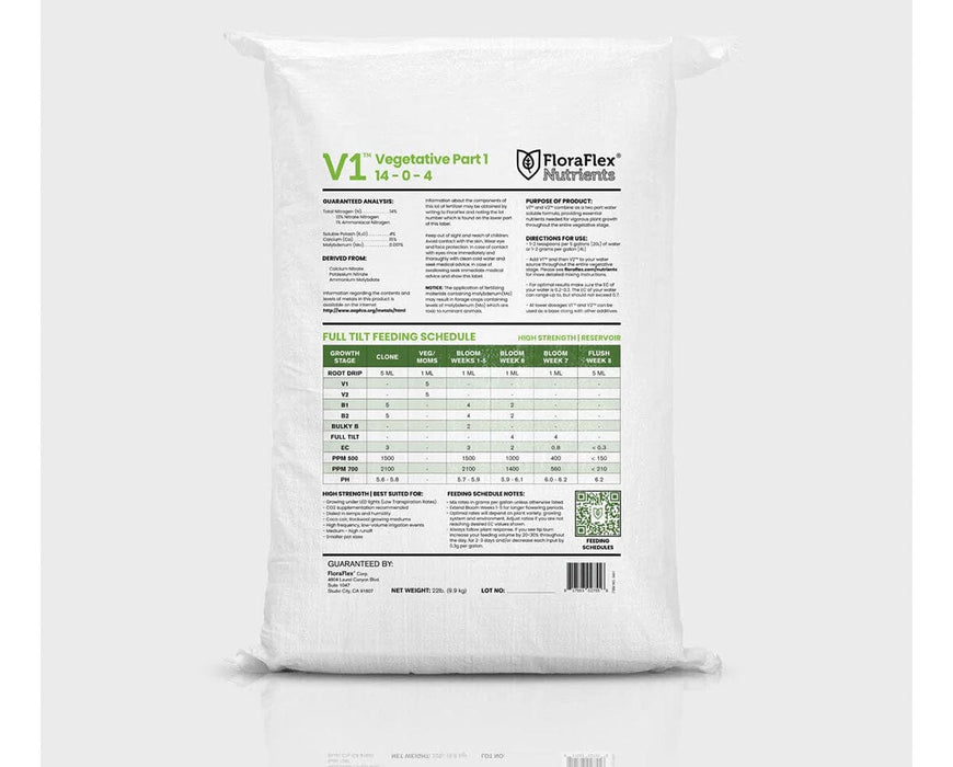 Back label of FloraFlex V1 25lb nutrient bag showing feeding schedule.