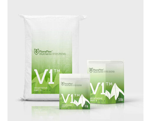 FloraFlex V1 Vegetative Part 1 nutrients in 25lb, 5lb, and 1lb packaging.