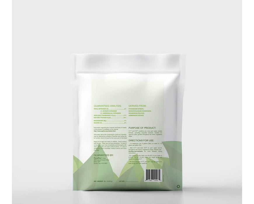 FloraFlex V2 Nutrients 5lb Bag Back Label with Guaranteed Analysis and Directions.
