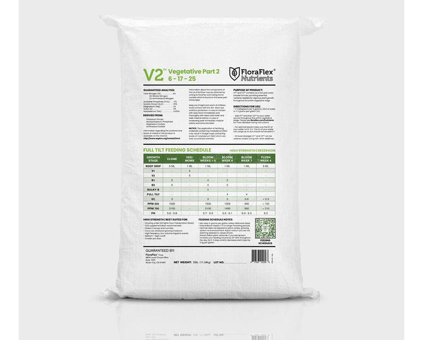 FloraFlex V2 Nutrients 25lb Bag Back Label with Feeding Schedule and Analysis.
