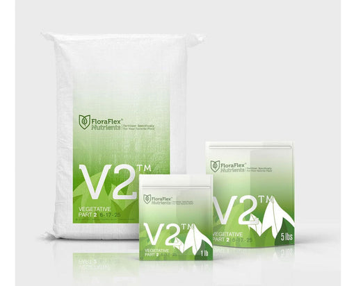 FloraFlex V2 Nutrients Packaging – 25lb, 5lb, and 1lb Bags for Vegetative Growth.