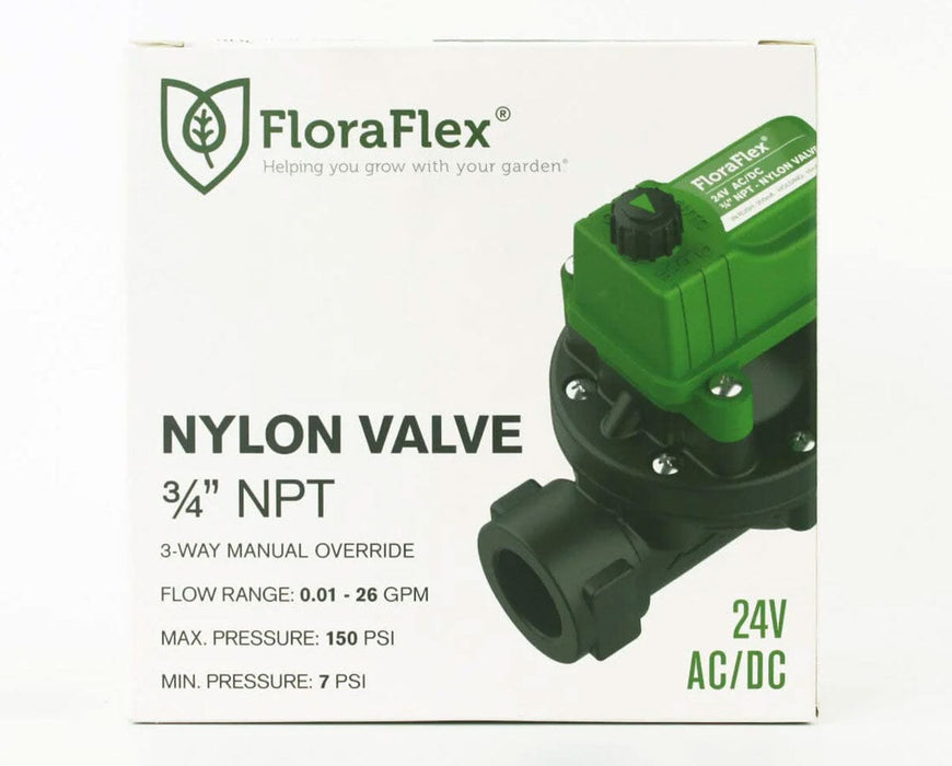 FloraFlex Nylon Valve packaging box for 3/4 inch NPT model showing pressure and flow range details.