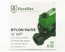 FloraFlex Nylon Valve packaging box for 3/4 inch NPT model showing pressure and flow range details.