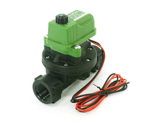 FloraFlex Nylon Valve angled product view showing green 24V AC/DC solenoid and black 3/4 inch NPT body for irrigation control.