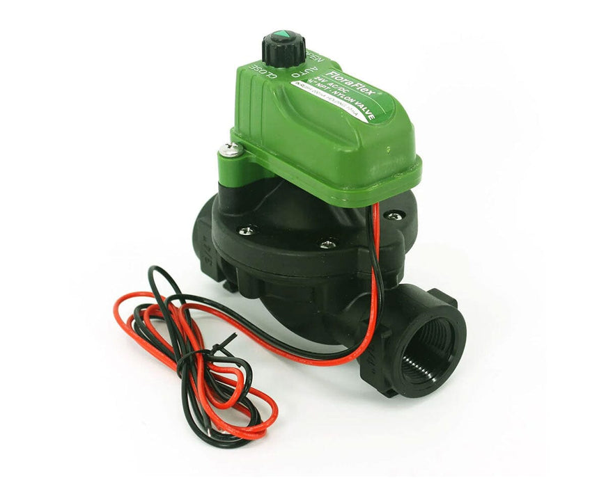 FloraFlex Nylon Valve side perspective highlighting power wires and durable housing design.