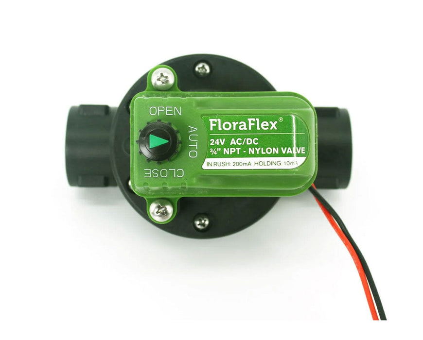 FloraFlex Nylon Valve top label view showing 24V AC/DC marking with open auto close dial.