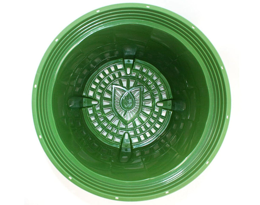 Top-down view of FloraFlex PotPro 3 Gallon showing aerated base with logo pattern for root training and extra water storage.