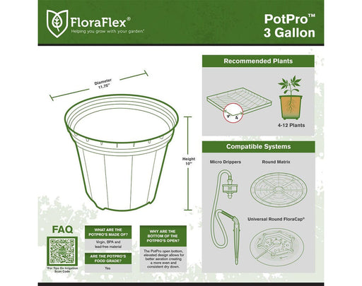 Product diagram of FloraFlex PotPro 3 Gallon Bucket with dimensions, compatible systems, and FAQ for automation and plant training.