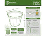 Product diagram of FloraFlex PotPro 5 Gallon Bucket highlighting dimensions, recommended plant count, and irrigation compatibility.