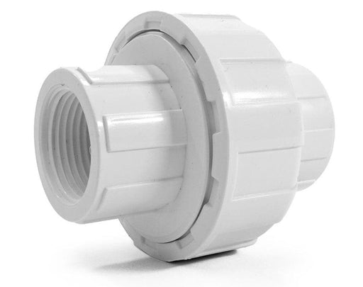 Close-up angled view of FloraFlex PVC Union NPT Female Adapter showing threaded 3/4" or 1" connection for secure irrigation setups.