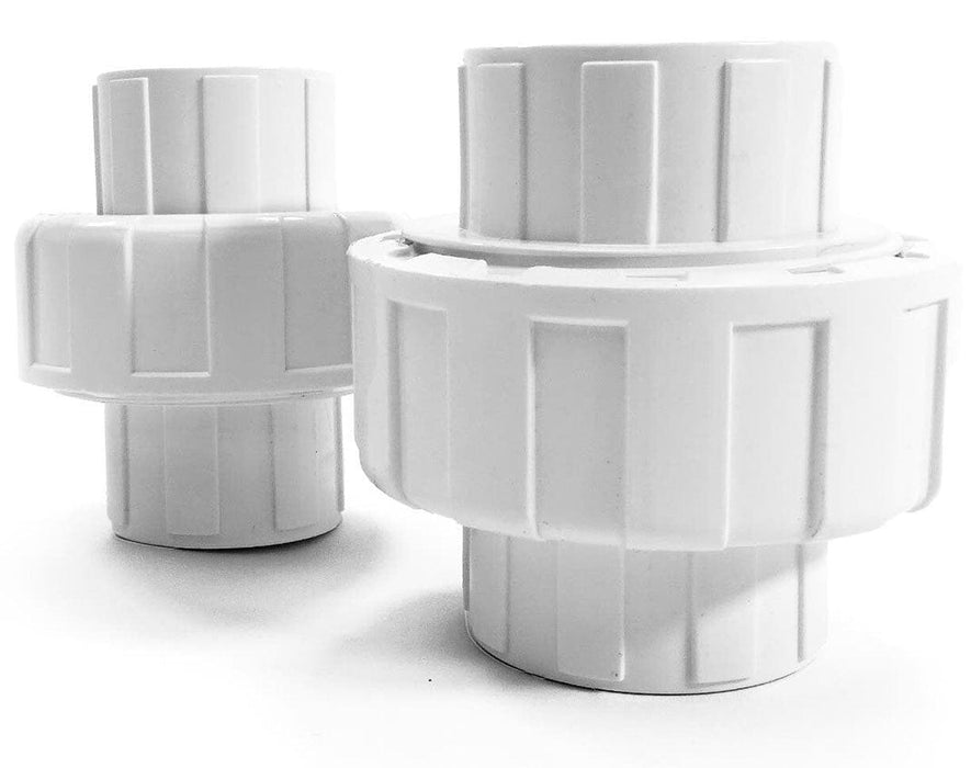 Two sizes of FloraFlex PVC Union NPT Female Adapters side by side, ideal for customizable irrigation system installations.