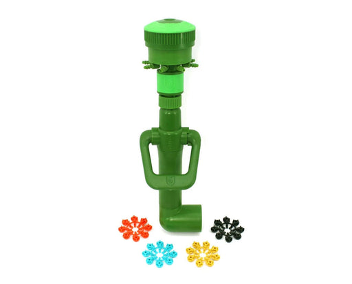 FloraFlex Multi Flow Bubbler assembly with handle and colorful flow inserts in red, blue, yellow, and black.